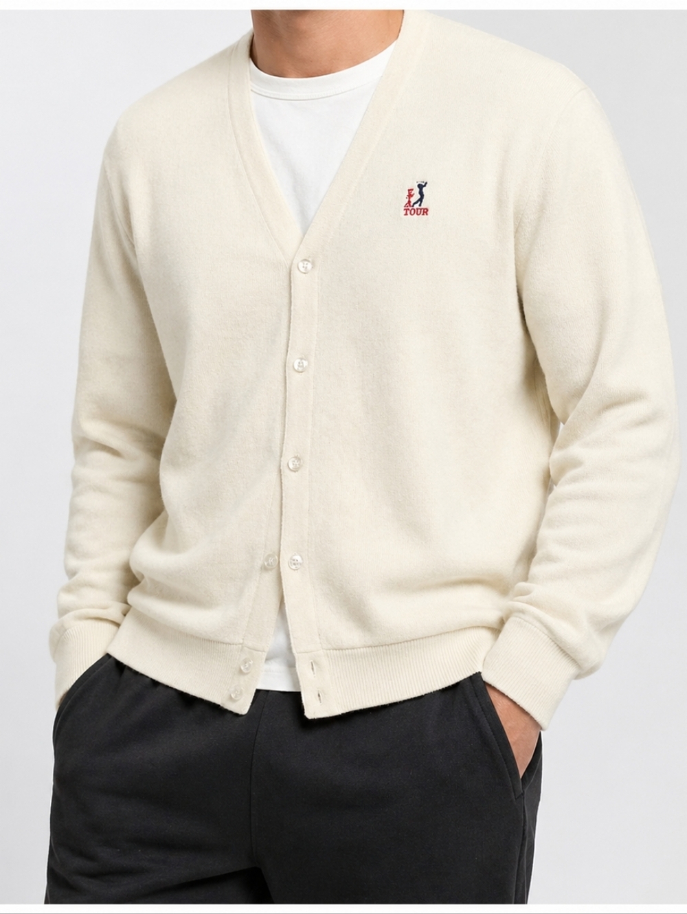 PGA Tour Cream Knit Cardigan Sweater Button Front Golf Casual Classic